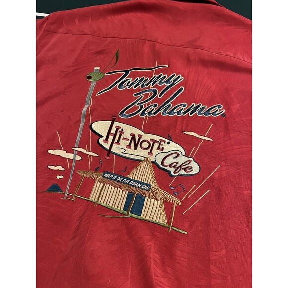 RARE Tommy Bahama 100% Silk Embroidered Hi Note Cafe Hawaiian Shirt MEDIUM Red - Picture 1 of 9